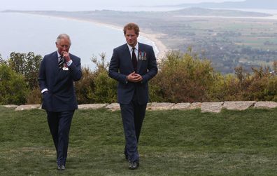 Prince Harry with Prince Charles, Prince of Wales during a visit to The Nek as part of commemorations marking the 100th anniversary of the Battle of Gallipoli on April 25, 2015 in Gallipoli, Turkey. 