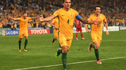 Tim Cahill celebrates after scoring a goal in extra time. (AAP)