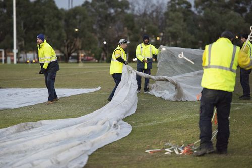 Maintenance crews have worked through the morning to cover the lewd painting. (9NEWS)