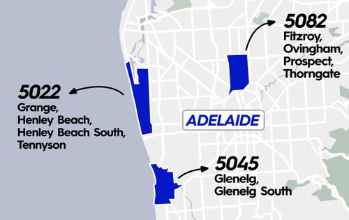 Map of affected Adelaide suburbs in the Otivo Mortgage Stress Report.