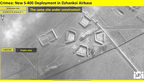 Satellite image by ImageSat International shows a battalion of eight S-400 missile launchers with a maximum range of 400km deployed at Dzhankoy airbase in Crimea