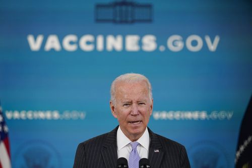 President Joe Biden talks about the newly approved COVID-19 vaccine for children ages 5-11 from the South Court Auditorium on the White House complex in Washington, Nov. 3, 2021. 