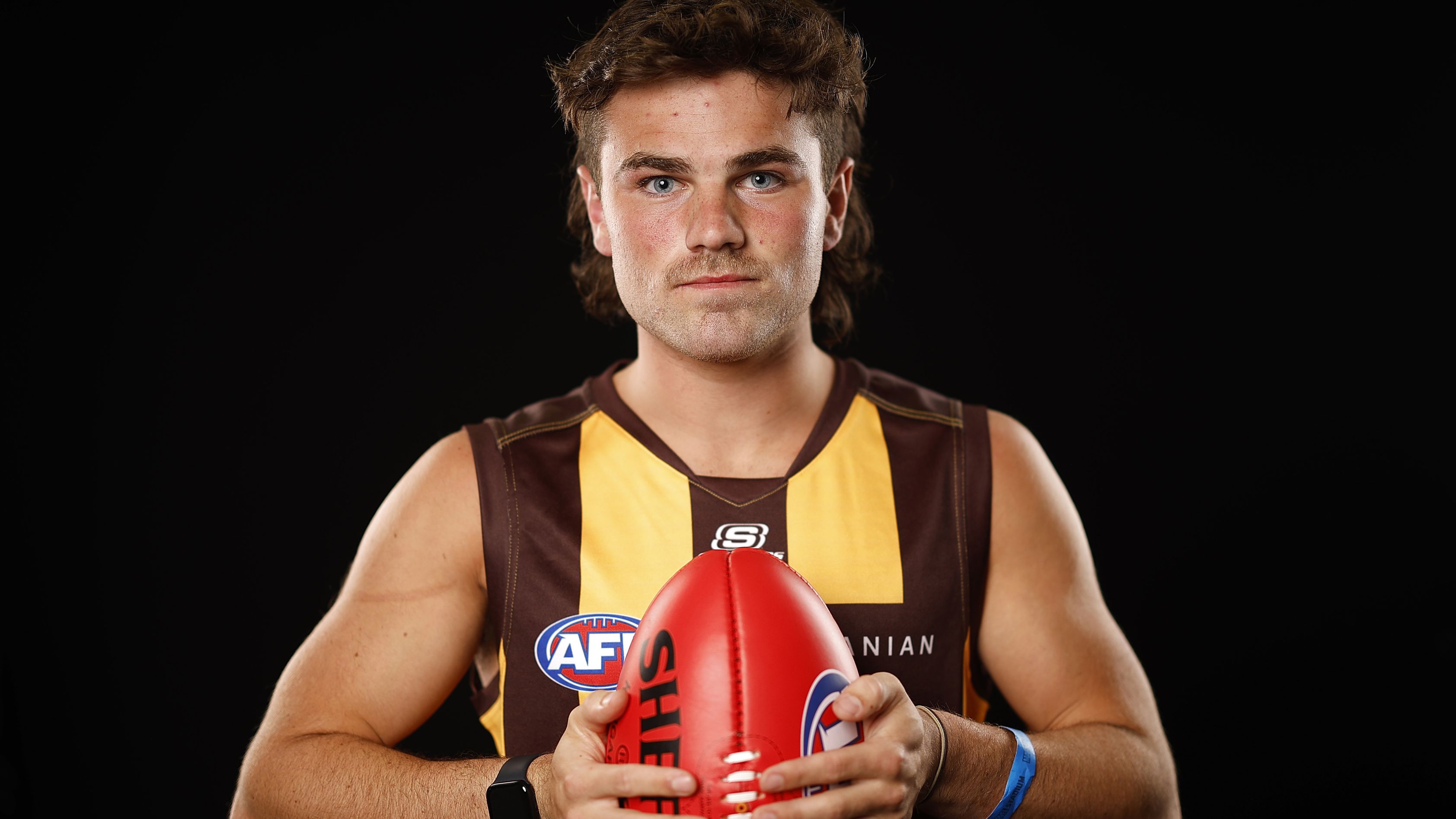 MELBOURNE, AUSTRALIA - NOVEMBER 20: Nick Watson of the Hawks poses for a photograph during the 2023 AFL Draft at Marvel Stadium on November 20, 2023 in Melbourne, Australia. (Photo by Daniel Pockett/Getty Images)