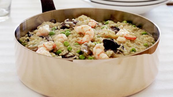 Prawn risotto with sweet spring peas and treviso radicchio