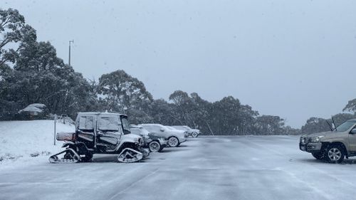 Mount Baw Baw in Victoria covered in snow on Melbourne's coldest day of the year so far. 