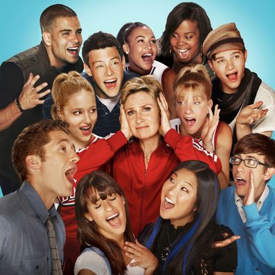 Glee cast. Jane Lynch. Pictured clockwise from L: Matthew Morrison, Dianna Agron, Mark Salling, Cory Monteith, Naya Rivera, Amber Riley, Chris Colfer, Heather Morris, Kevin McHale, Jenna Ushkowitz and Lea Michele. 