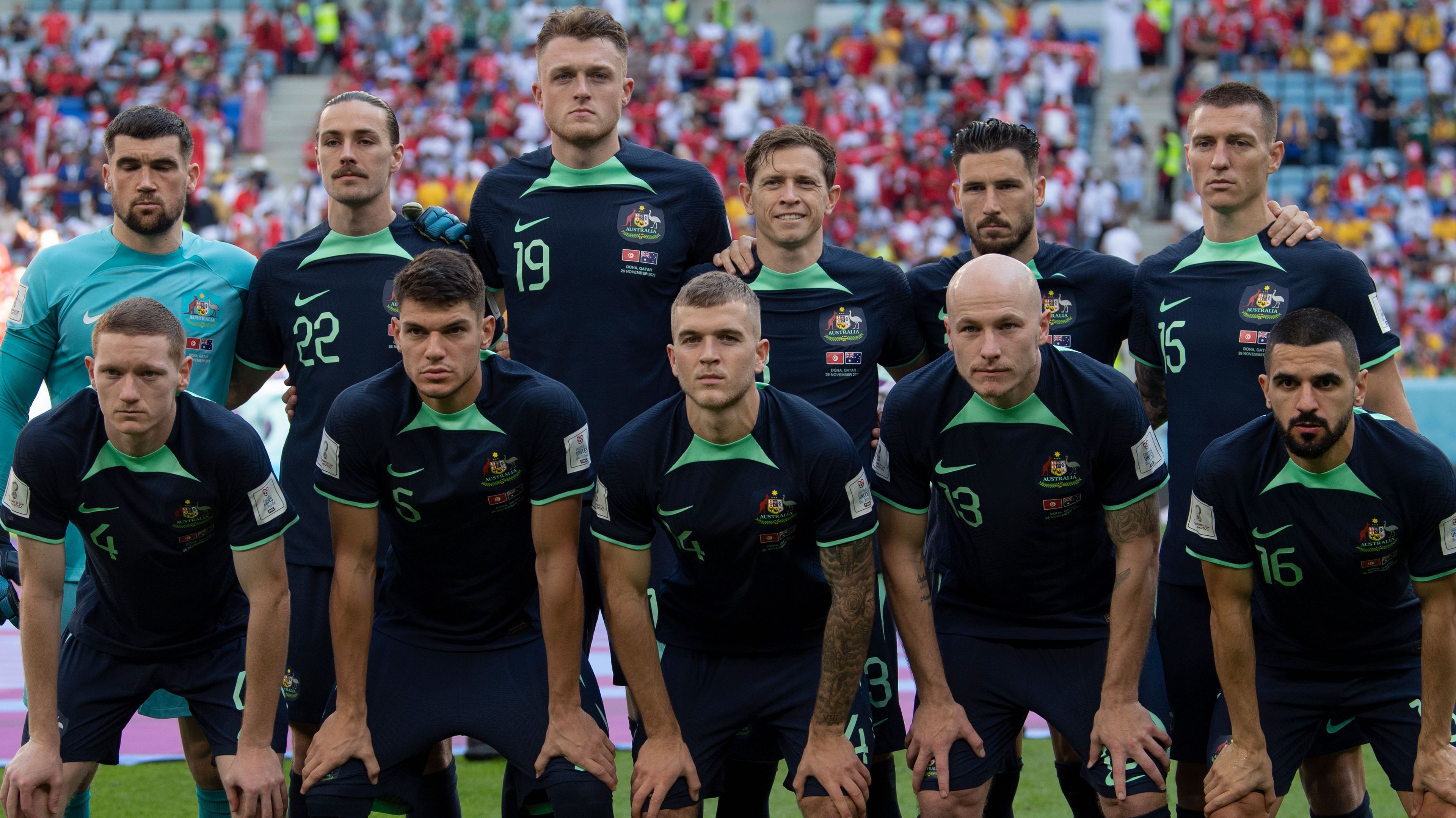 The Soceroos team photo before their 2022 World Cup clash with Tunisia. (back row from l-r) Matthew Ryan, Jackson Irvine, Harry Souttar, Craig Goodwin, Matthew Leckie, Mitchell Duke. (front row from l-r) Kye Rowles, Fran Karacic, Riley McGree, Aaron Mooy and Aziz Behich.