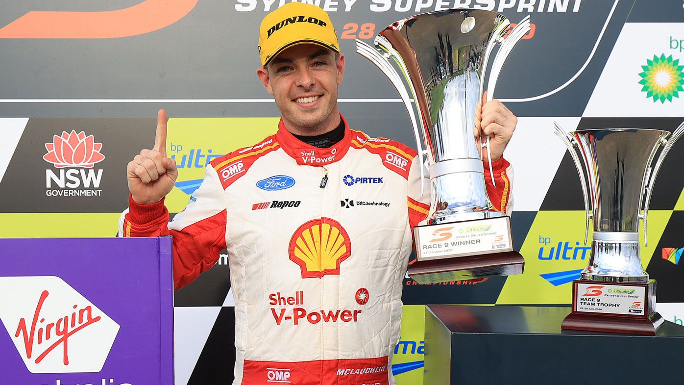 Scott McLaughlin driver of the #17 Shell V-Power Racing Team Ford Mustang celebrates after winning race nine