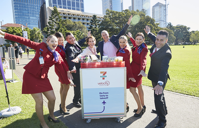 Virgin Australia CEO and cabin crew pictured at The Domain, Sydney, for the launch of their new 7 Eleven partnership.