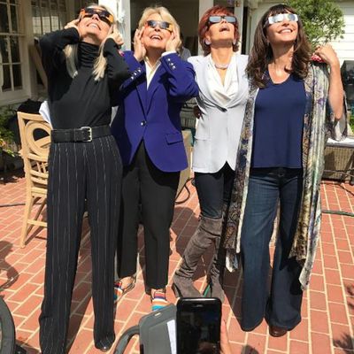 Candice Bergen, 71, Jane Fonda, 79, Diane Keaton, 71, and Mary
Steenburgen, 64, have more in common than their upcoming movie <em>Book Club</em>.<br />
These four women who gathered together to watch the solar
eclipse in the northern hemisphere have all discovered the enduring appeal of a
well-cut blazer. Bergen posted the fun photograph to her Instagram account.<br />
Trim tailoring and some serious structure is a wardrobe staple
for nights on the town or mornings in the office.<br />
The going out blazer has made a return thanks to Balmain but for
these actresses it never really went away. <br />
Take it from the experts, who play women reading 50 Shades of
Grey in their book club in the upcoming comedy, to see how a blazer is light
years ahead of boleros and belted trench-coats when it comes to versatility.