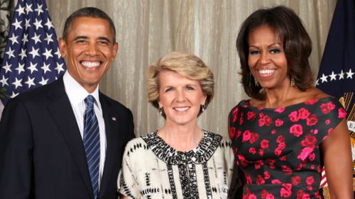 Barack and MIchelle Obama with Australian foreign minister Julie Bishop in 2013. (AAP)