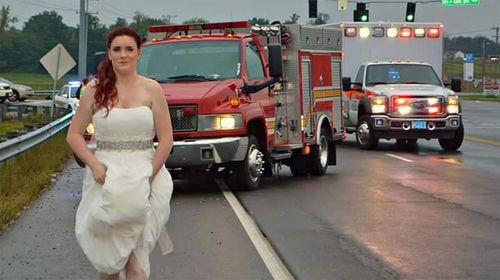 Paramedic bride attends car accident in her wedding dress