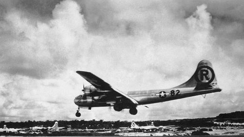 The US Enola Gay bomber returns to base in 1945 after dropping the first atomic bomb over Japan. (AP).