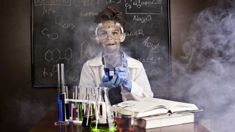 Child in lab coat after explosion. 