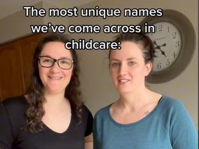 Two women looking at the camera with the caption "The most unique names we've come across in childcare" placed above their heads.