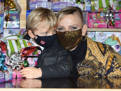 Prince Jacques of Monaco  and Princess Charlene of Monaco attend the Christmas gift distribution on December 16, 2020 in Monaco, Monaco. 