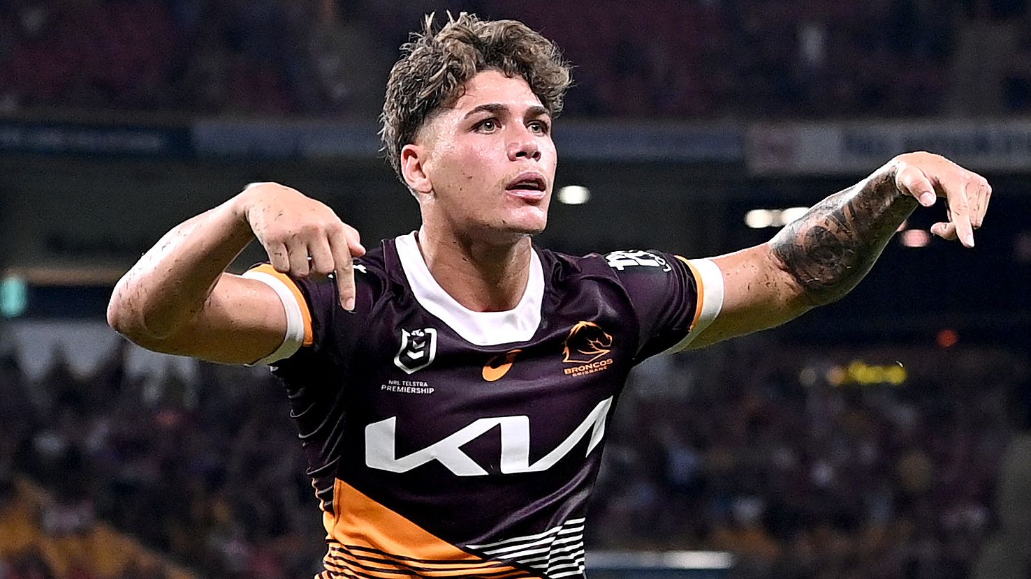 BRISBANE, AUSTRALIA - MARCH 18: Reece Walsh of the Broncos celebrates scoring a try during the round three NRL match between Brisbane Broncos and St George Illawarra Dragons at Suncorp Stadium on March 18, 2023 in Brisbane, Australia. (Photo by Bradley Kanaris/Getty Images)