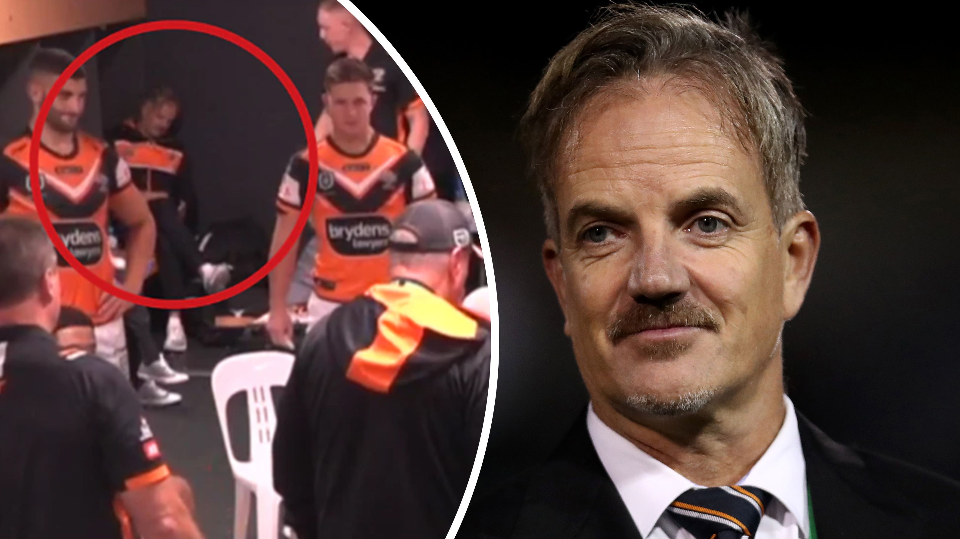 Tigers CEO Justin Pascoe (right) and circled (left) in the dressing room during the club&#x27;s loss to the Broncos.