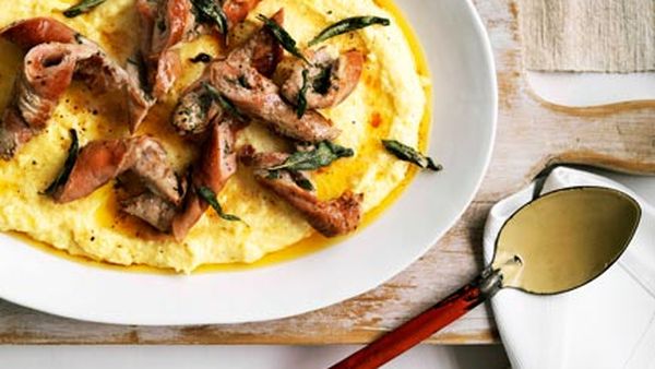 Prosciutto-wrapped veal with soft polenta