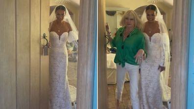 Mother interrupts bride's dress reveal.