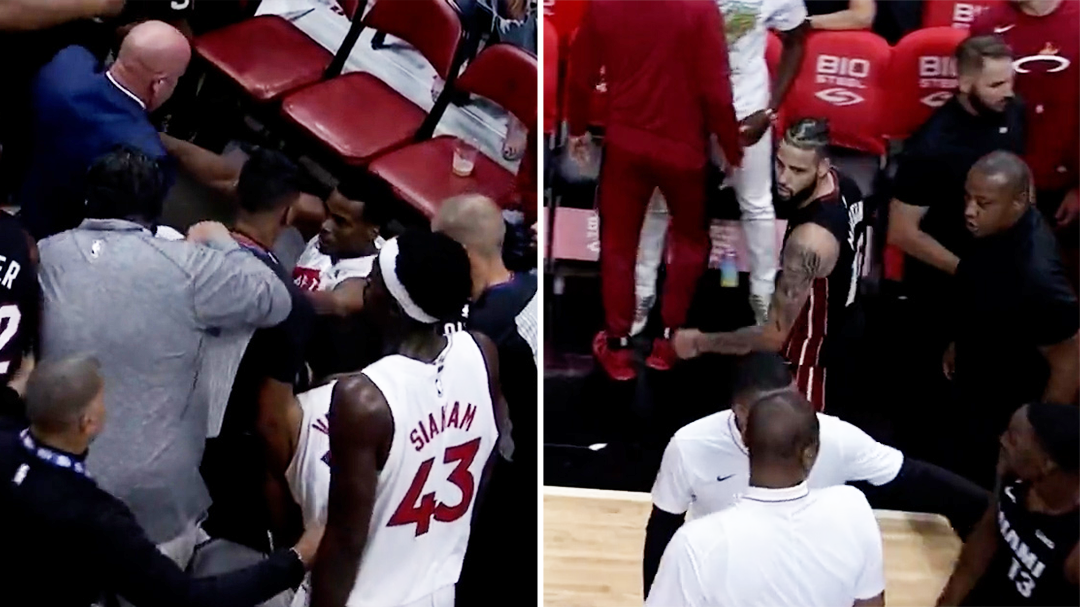 Two NBA players ejected as wild brawl spills into baseline seats