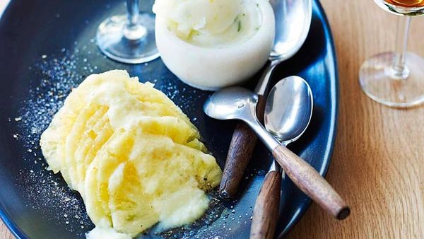 Pineapple carpaccio with lemon and mint sorbet