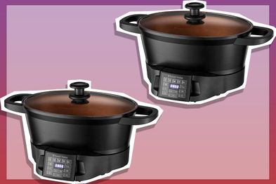 9PR: Russell Hobbs 8-in-1 Good to Go Digital Multi-Cooker on pink, red, and purple background.