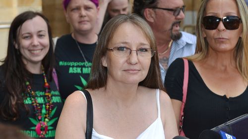 Jenny Hallam addresses the media outside the Adelaide Magistrates Court on January 11, 2018. Ms Hallam appeared before the Adelaide Magistrates Court charged with manufacturing and possessing a controlled drug. (AAP)