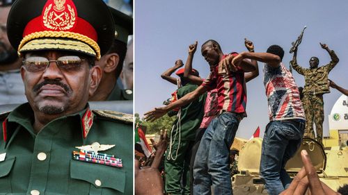 Sudan's President Omar al-Bashir (left) as Sudanese celebrate end to al-Bashir's 30 years in power.