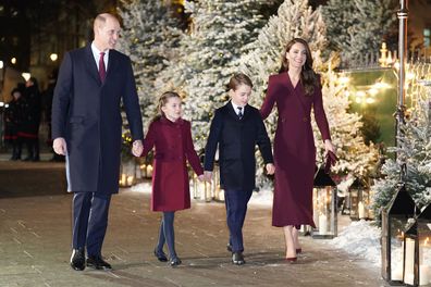 Prince William and Kate, Princess of Wales arriving with their children Princess Charlotte and Prince George for the 'Together at Christmas' Carol Service at Westminster Abbey in London, Thursday, December 15, 2022.