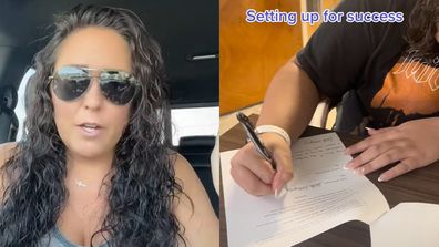 Left: mum, Right: girl signing contract