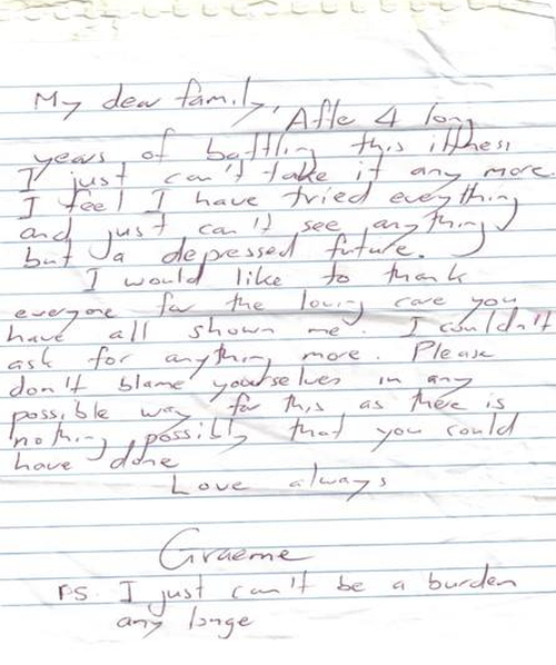 Graeme Cowan, co-founder of R U OK? has bravely shared the letter he wrote his family when he was intent on ending his own life 15 years ago.