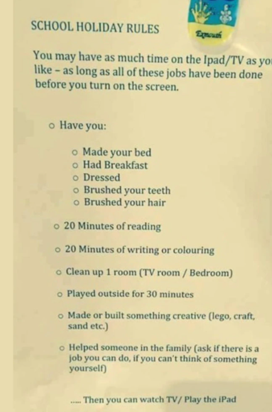 Mum's school holiday rule list goes viral