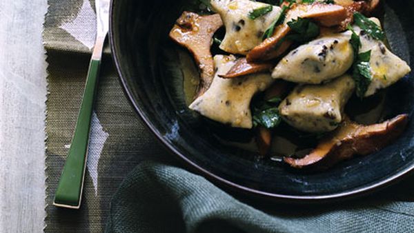 Olive gnocchi with pine mushrooms