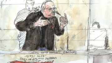 A court sketch shows Carlos the Jackal during his trial in France for the deadly bombing of the Drugstore Publicis in Paris more than 40 years ago. (AFP)