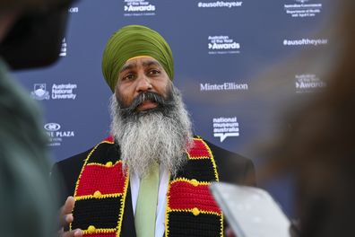 NSW Local Hero, Amar Singh arrives at the 2023 Australian of the Year Awards at the National Arboretum on January 25, 2023 in Canberra, Australia.