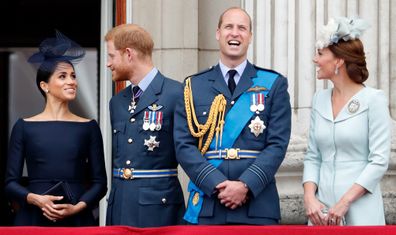 The couples watch a flypast to mark the centenary of the Royal Air Force from the balcony of Buckingham Palace on July 10, 2018 in London.