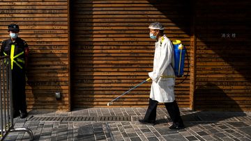 A workers sprays disinfectant to prevent COVID-19 at a shopping area in Beijing.