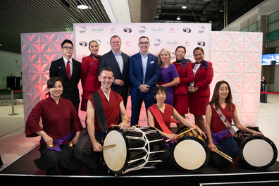 The stunt was accompanied by traditional Japanese drumming.