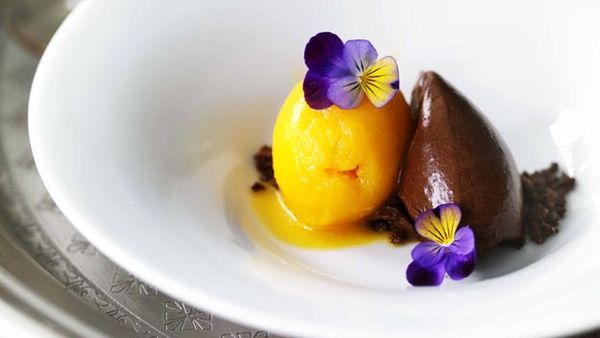Mandarin sorbet, dark chocolate mousse and liquorice crunch