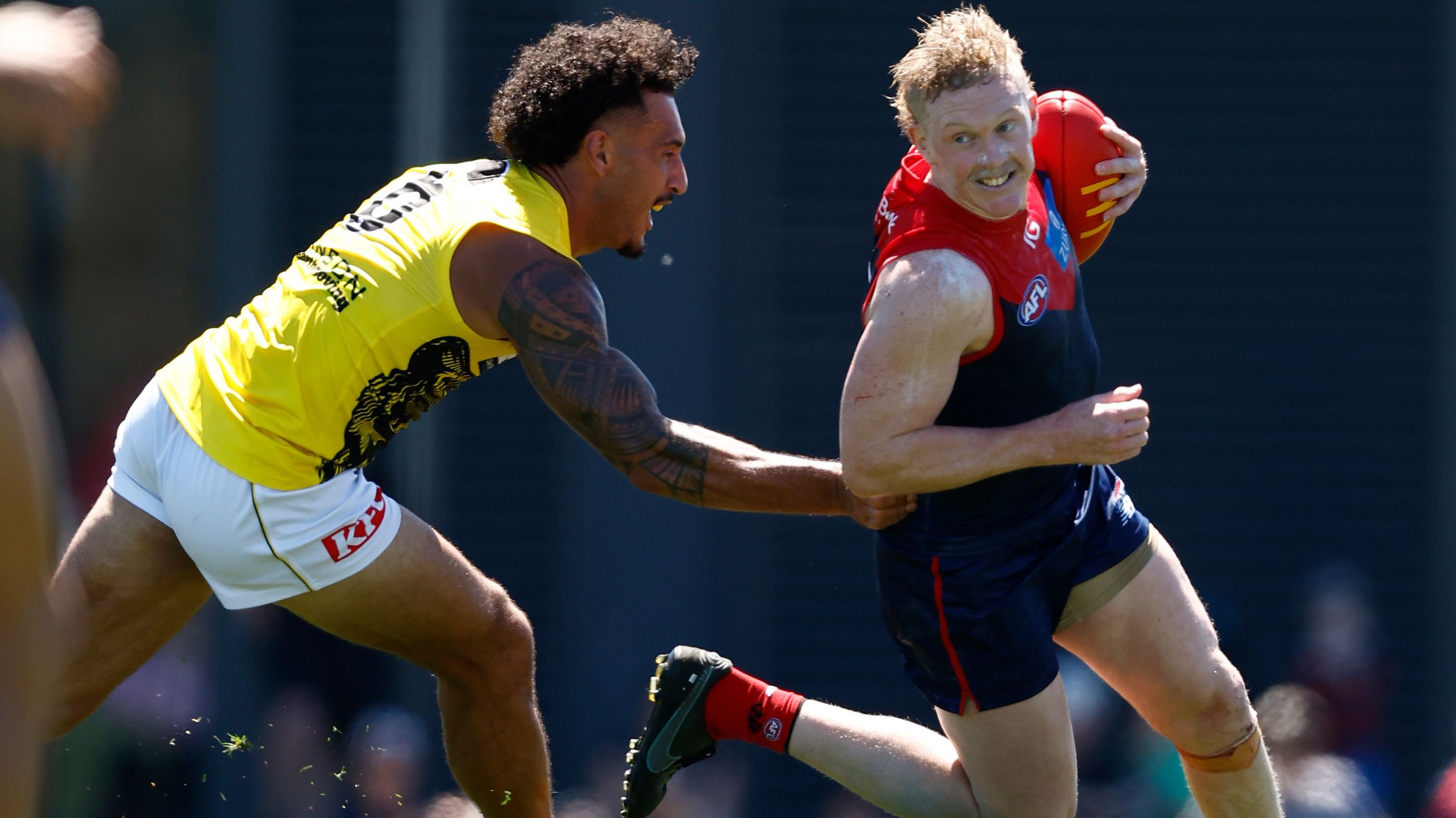 Clayton Oliver in action during match simulation between Melbourne and Richmond at Casey Field.