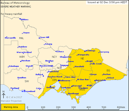 The current areas affected by the severe weather warning. (BoM)