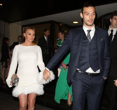 Billi Mucklow and Andy Carroll leaving the Pride of Britain awards at the Grosvenor hotel great room on September 28, 2015 in London, England.