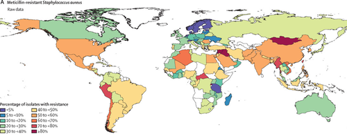 A map generated by WHO for a 2019 report on antibiotic resistance, tracked the prevalence of resistant staph infections.