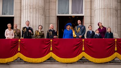 Members of the royal family (left to right) the Duchess of Edinburgh, the Duke of Edinburgh, Vice Admiral Sir Tim Laurence, the Princess Royal, King Charles III, Queen Camilla, the Prince of Wales, Prince George, the Princess of Wales, Prince Louis and Princess Charlotte on the balcony of Buckingham Palace, London, to view the fly past for the 80th anniversary of VE Day, May 5, 2025