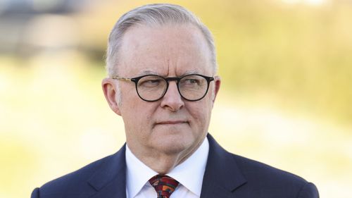 Başbakan Anthony Albanese kapıda basın toplantısı yaparken