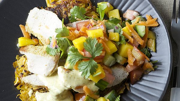 Nadia Lim's pork steaks with sweet potato rosti, nectarine salsa and curry mayo