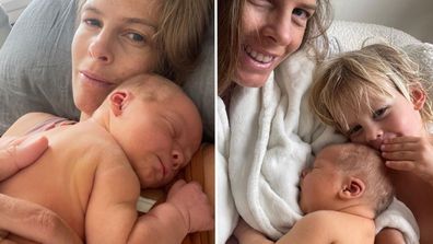 Torah Bright with newborn son Halo and toddler Flow. 