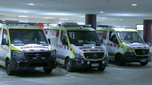 Five ambulances were filmed outside Royal Melbourne Hospital this morning. They could not leave as stretchers are being used for beds inside the emergency department.