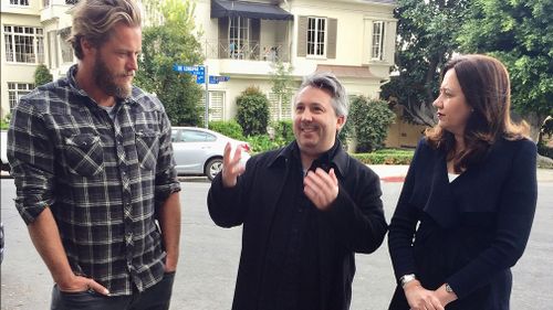 Australian actor Travis Fimmel, screenwriter Stuart Beattie and Queensland Premier Annastacia Palaszczuk in West Hollywood. (Image: AAP)